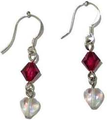 July Birth Month earring, Ruby crystal with clear iridescent heart dangle, www.CreativeMindOriginals.com