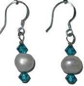 December Birth Month earring, Blue Zircon crystal with pearl, www.CreativeMindOriginals.com